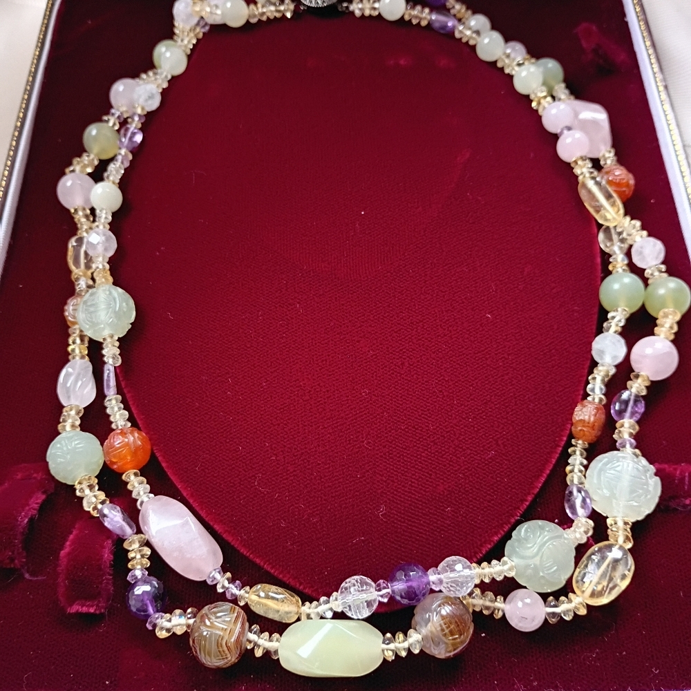 Celadon Jade Multi Gemstone Asian Vintage Necklace Spring Colors Double Strand - Picture 5 of 9